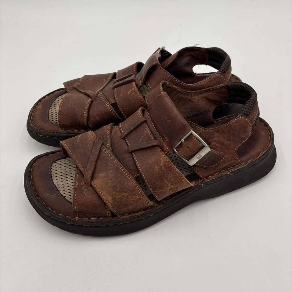 Born Murphy Fisherman Mens Size 12 Sandals Leather Woven Strappy Buckle Brown